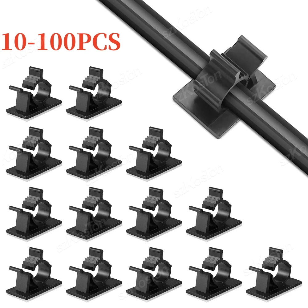 100/10PCS Cable Organizer Self Adhesive Cable Clips Table Cable Management Clamp Adjustable Cord Holder TV Charging Wire Winder