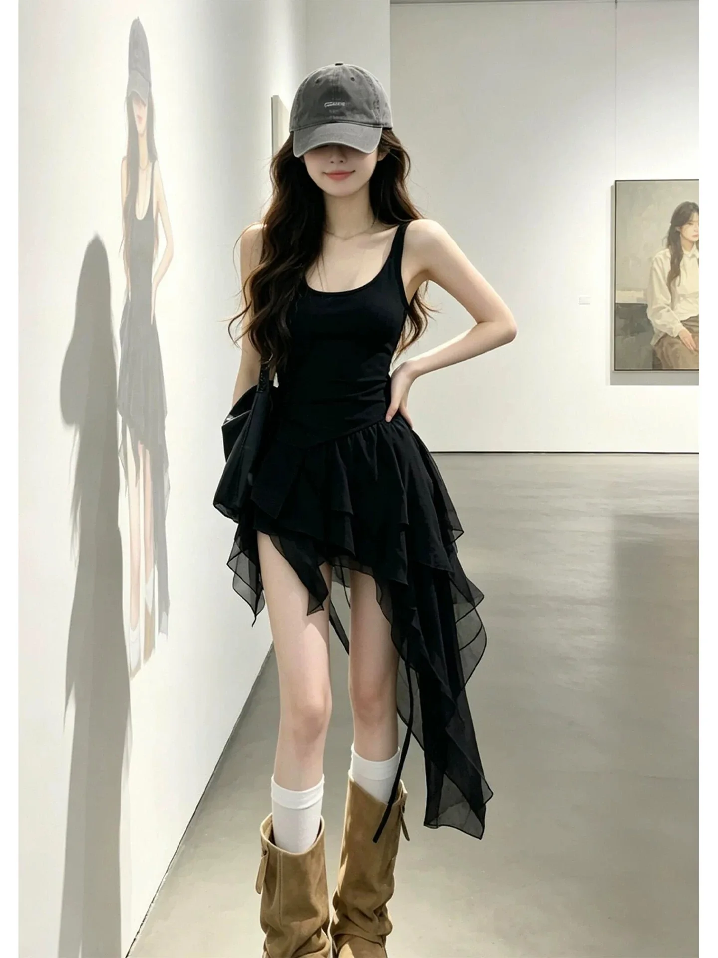 Slimming Black Sleeveless Strapless Dress Women's High Waist Asymmetrical Hemline Future Style Fashionable Daily Wear