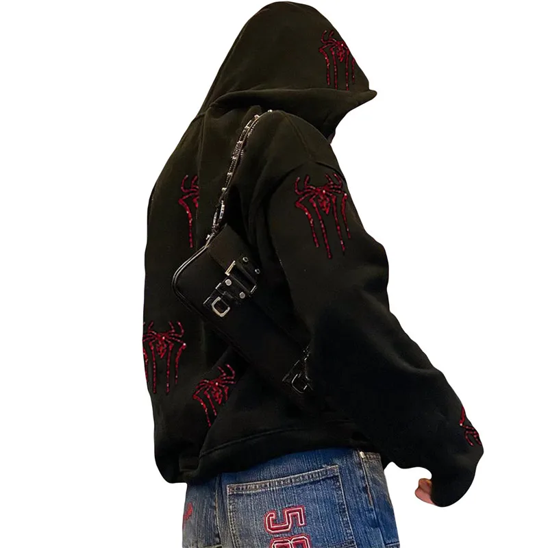 Y2K Rhinestone Spider Hoodies Women Gothic Hoodie Zip Up Casual Sweatshirts Punk Retro Harajuku Hooded Woman Jacket Streetwear