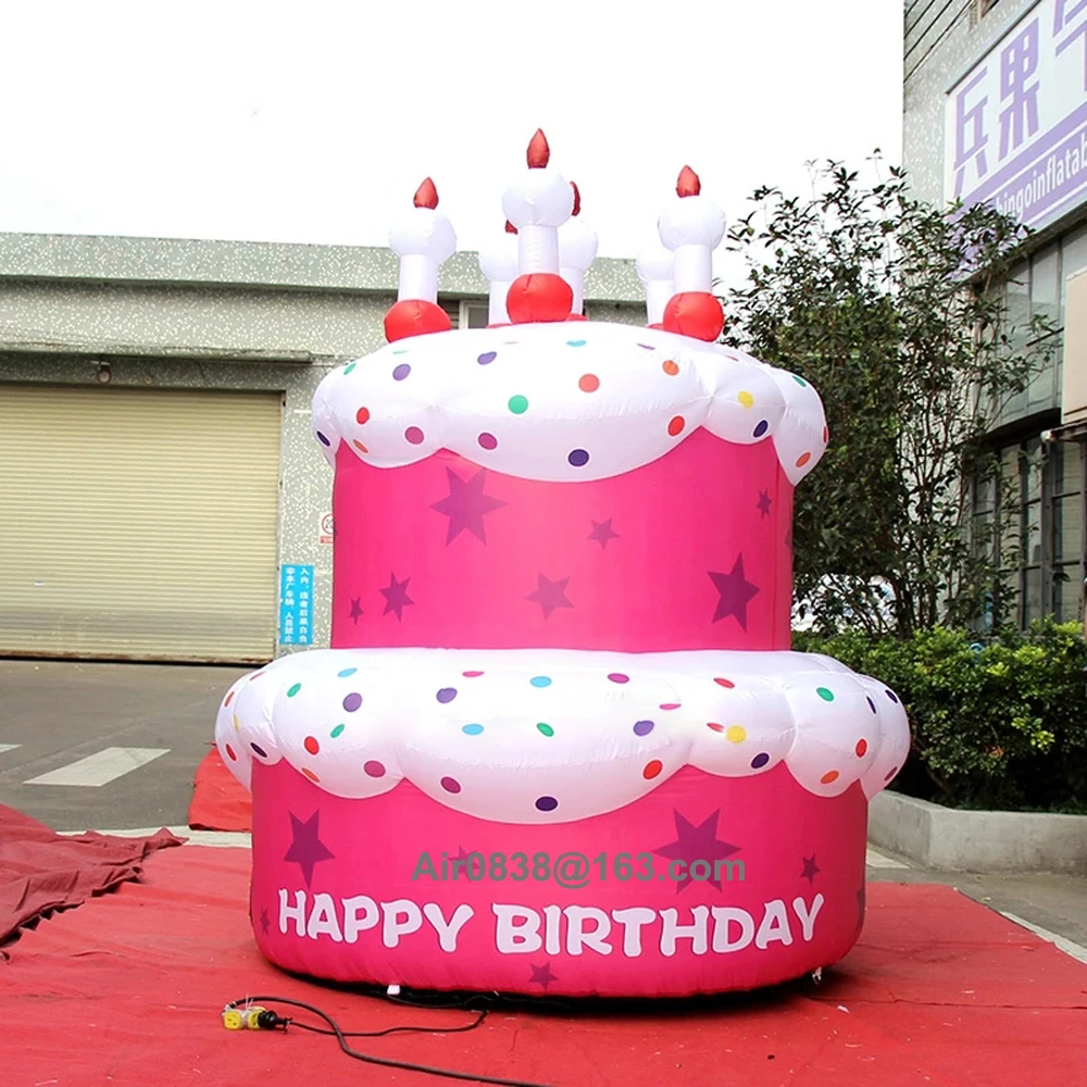 Riesiger rosa aufblasbarer Happy Birthday-Kuchen mit Kerzen, großes Kuchenmodell für Party-Dekorationen im Freien, Bündel für Zuhause, Feier