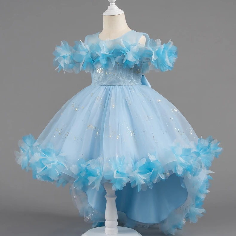Yourqipao Summer Girls Evening Dress Flowers Mesh Spliced ​​long Sleeve Fluffy Princess Skirt Dance Performance for Children