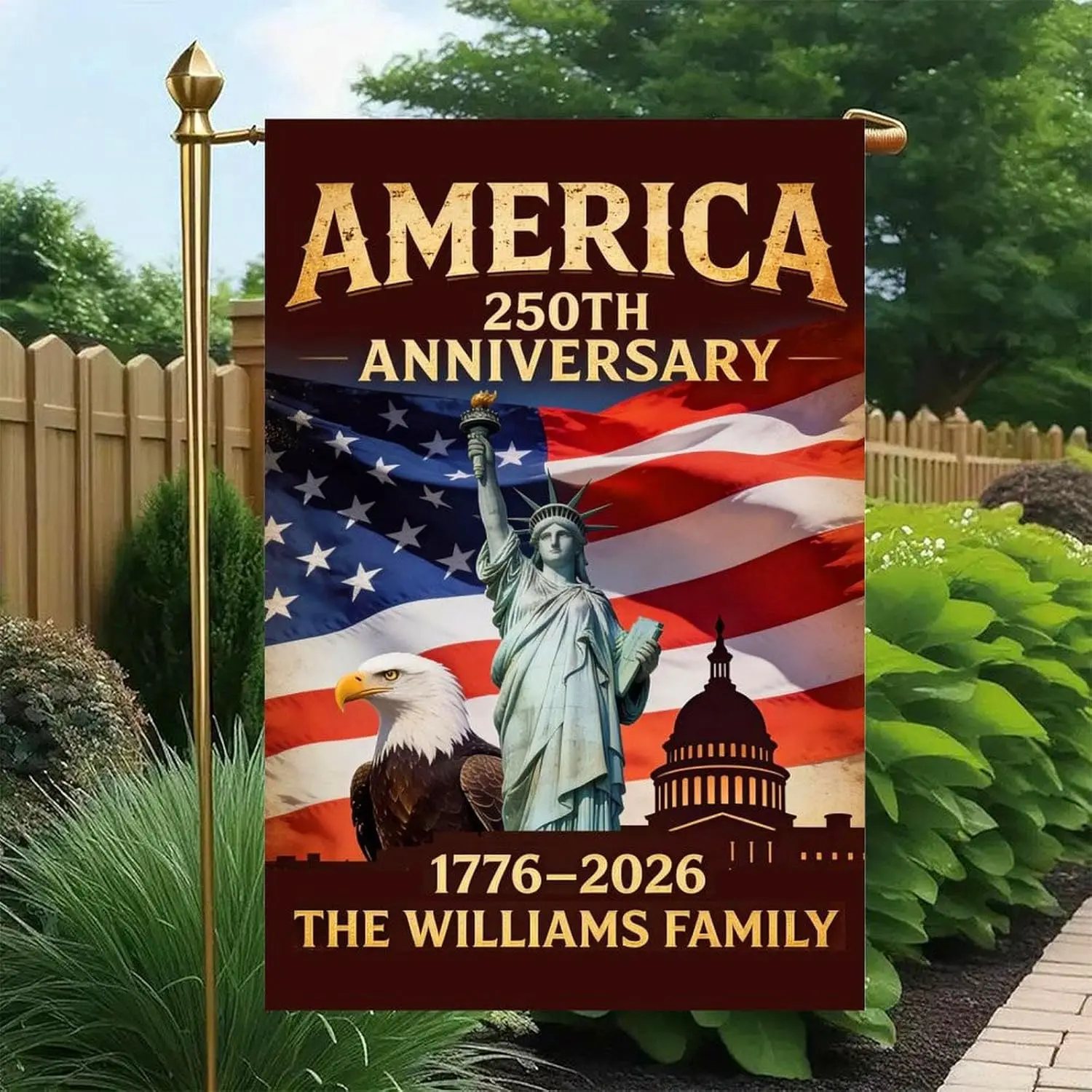 Custom America's 250th Anniversary Garden Flag, Personalized Family Name 250 Year of Freedom USA Patriotic Banner, Custo MMZ
