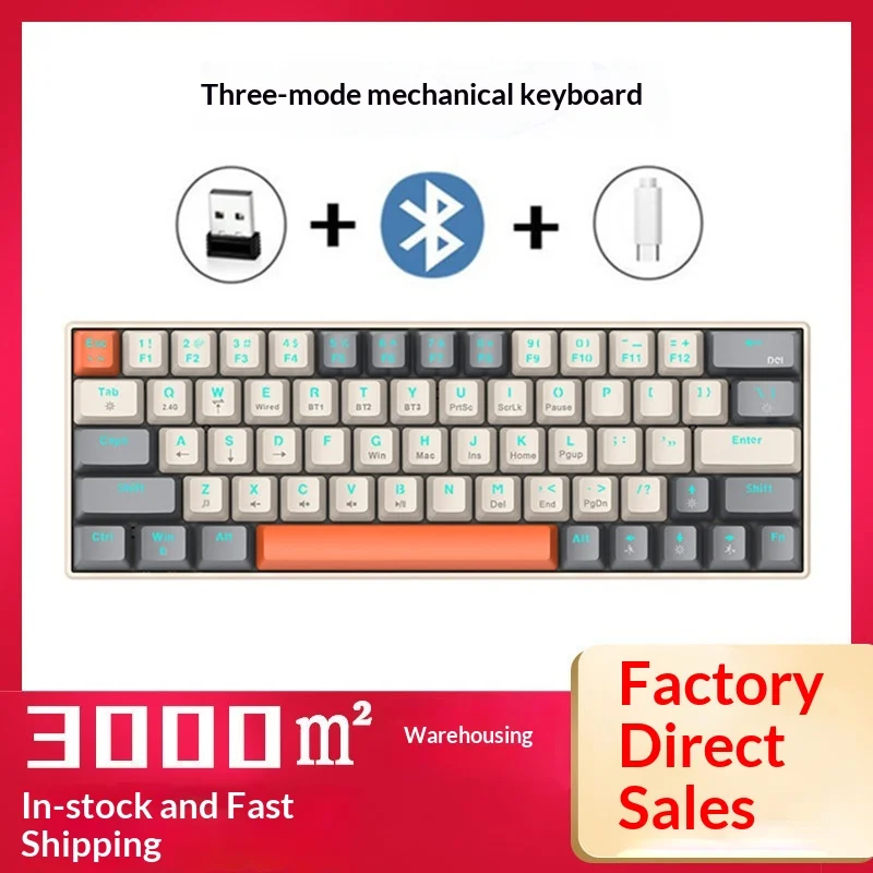 

T-Wolf T30 Mechanical Keyboard 63 Keys Blue Switch Rgb Backlit Hot-Swappable Dual Color Wireless Bluetooth 2.4g Type-C Wired