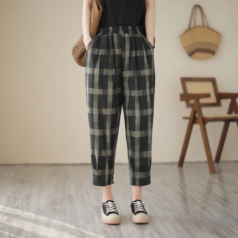 슬림핏 대형 사이즈 여성 하렘 팬츠 면 린넨 체크 여름 신상 루즈핏 랜턴 팬츠 나인 포인트 팬츠