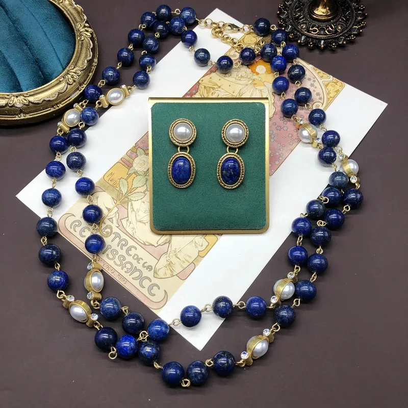 Western Jewelry Long Lapis Lazuli Necklace Inlaid Pearl Earrings Elegant Versatile dress Chain Earrings for Women