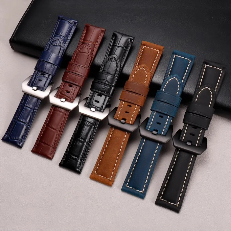 FUYIJIA Italian Cowhide Watchbands P-anerai LUMINOR Substitute Strap Pin Buckle 22MM 24MM 26MM Waterproof Genuine Leather Belt