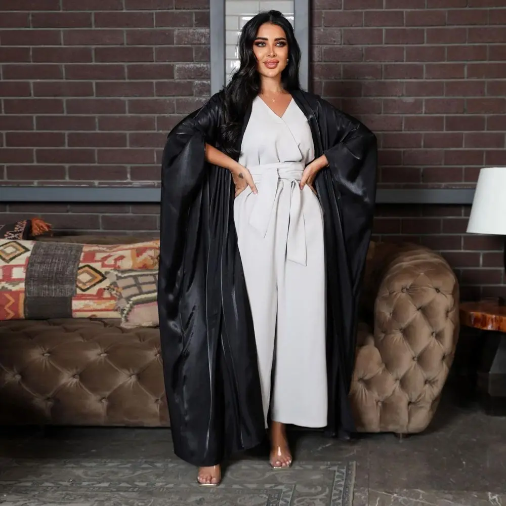 Open Front Kimono Abayas for Women Modest Muslim Moroccan Dubai Fashion Casual Loose Abaya Silk Satin Corban Eid Al Adha