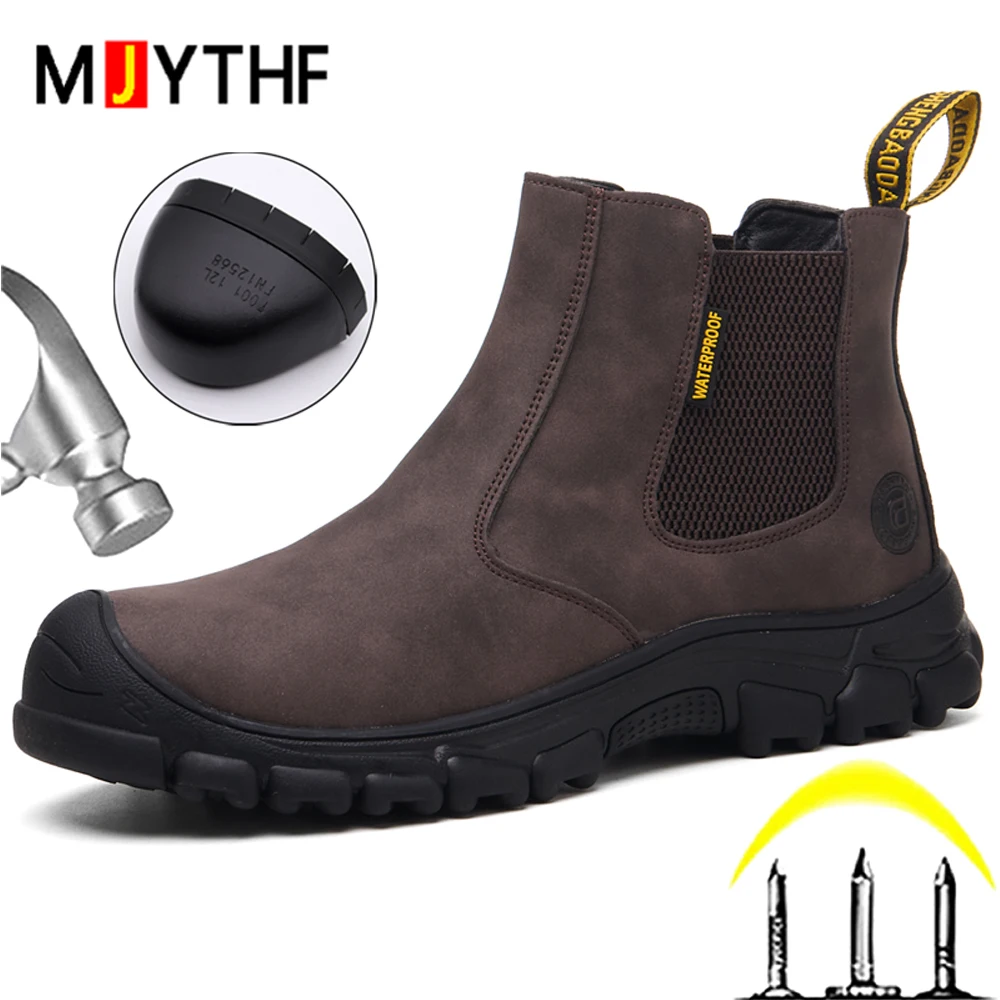Waterproof Work Boots Men Puncture-Proof Safety Shoes Spark-Proof Welding Shoes Leather Boots Indestructible Shoes Chelsea Boots