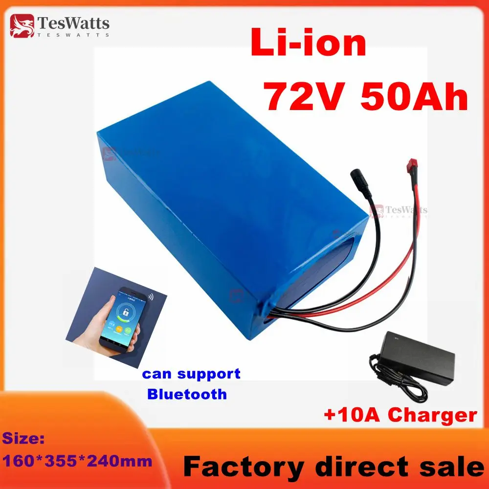 Lithium-ion 72V 50Ah avec Bluetooth pour Vélo, Scooter, Moto, Camion-grue, Chargeur 10A, 5000W, 10kW