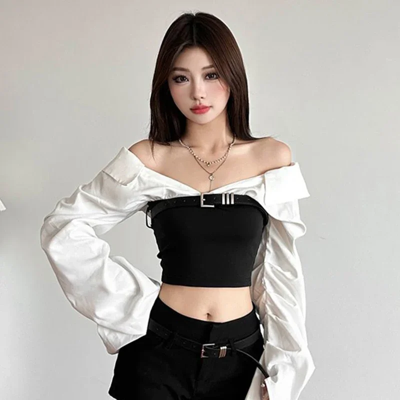 

Y2K Slash Neck Shirts Women Streetwear Cropped Patchwork Long Sleeve Blouses Fashion Korean Sexy Off Shoulder Design Crop Tops