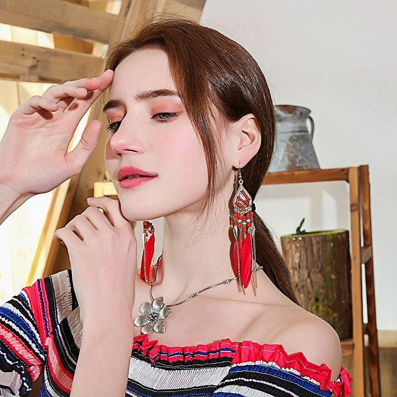 Bohemian Ethnische Lange Feder Ohrringe Boho Wasser Tropfen Gold Farbe Kette Quaste Ohrringe für Frauen Braut Hochzeit Schmuck – Detail 2