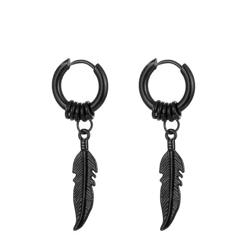 2pcs Fashion Cross Feather Stud Earrings, Punk Rock Style For Women Men High Quality Stainless Steel Hiphop Ear Jewelry