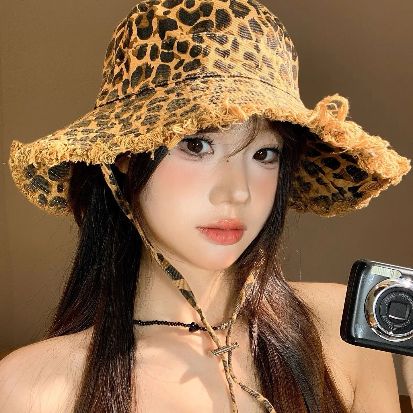 Leopard Print Bucket Hat for Women Vintage Washed Denim Fisherman Cap with Frayed Brim Adjustable Windproof String Sun Hat