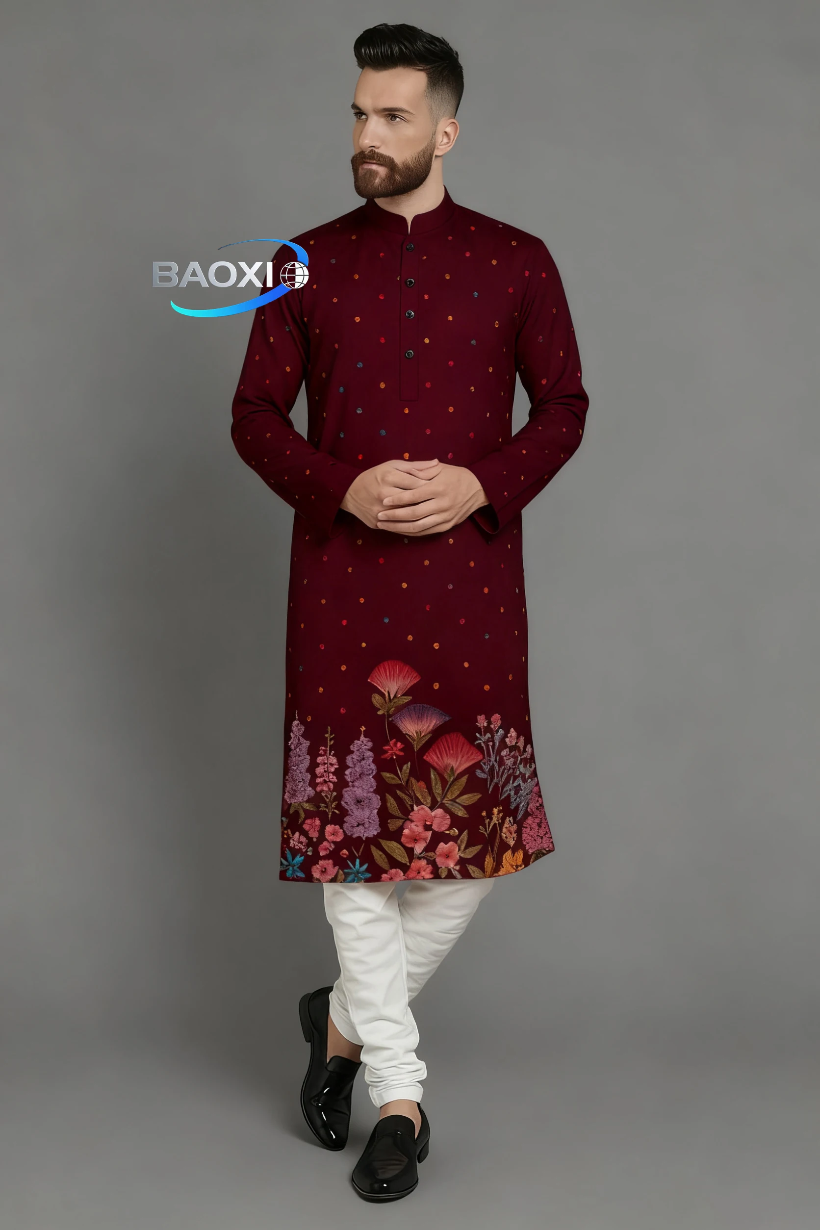 Men digital printed kurta vardha regular fit Mandarin collar long suitable All Occasions such wedding Hari Raya Aidilfitri.