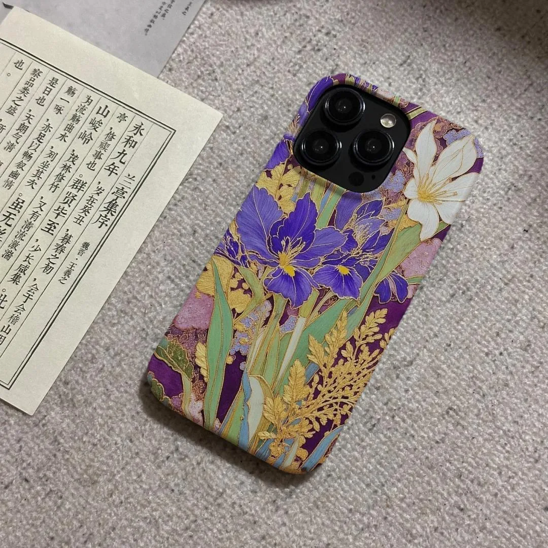 حافظة هاتف رائعة وأنيقة على شكل زهرة القزحية الأرجوانية ونمط فني لهاتف آيفون 16 15 14 11 12 13 Pro Max Plus #5