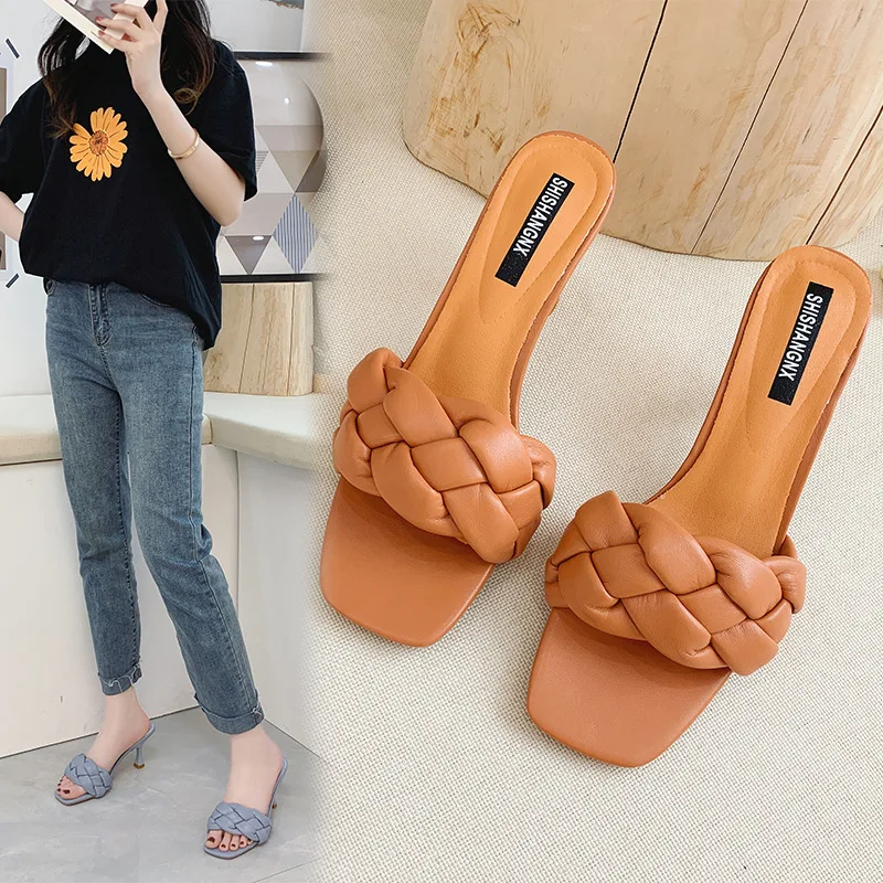 Slippers Women Summer Rubber Flip Flops Shoes Slides Low Heeled Mules Square Toe Pantofle Shallow Fashion Hawaiian High 2024