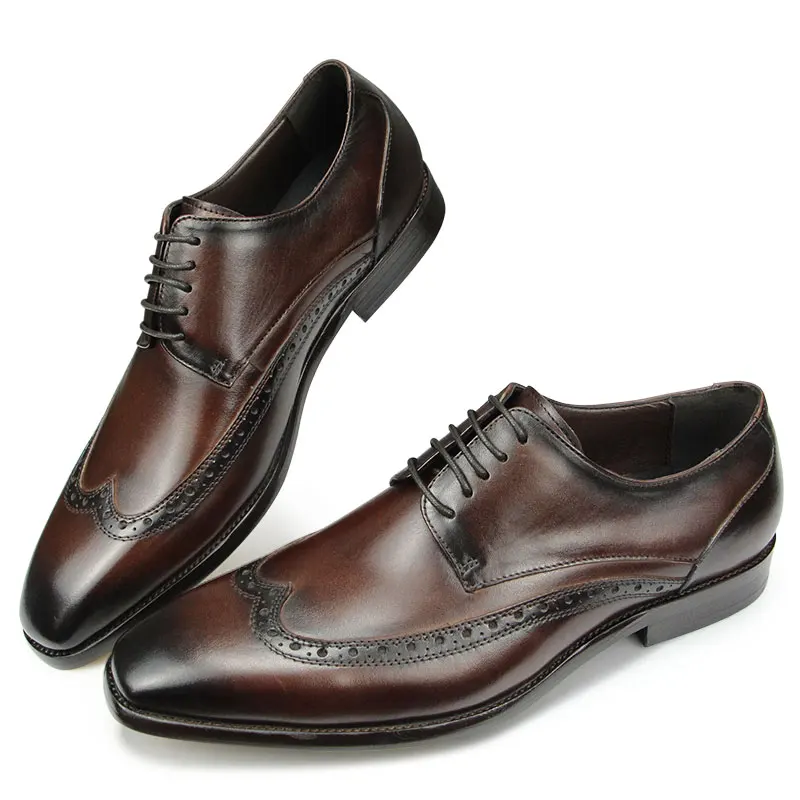 

Genuine Leather Formal Shoe Men Social Dress Derby Shoe Handmade Lace Up Brogue British Style Luxury Leather Shoe Rubber Bottom