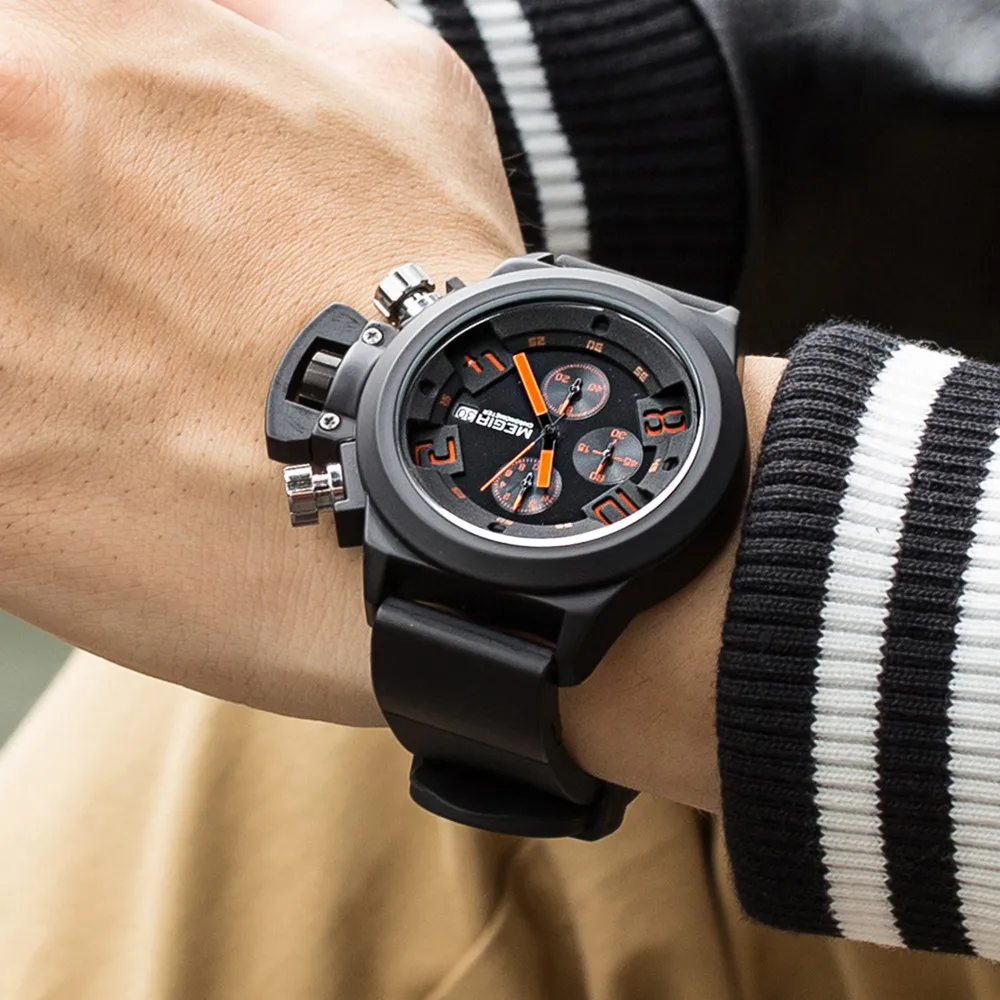 MEGIR Outdoor Sport Men Watches Chronograph Waterproof Clock Large Dial Quartz Military Wristwatch Auto Date Relogio Masculino