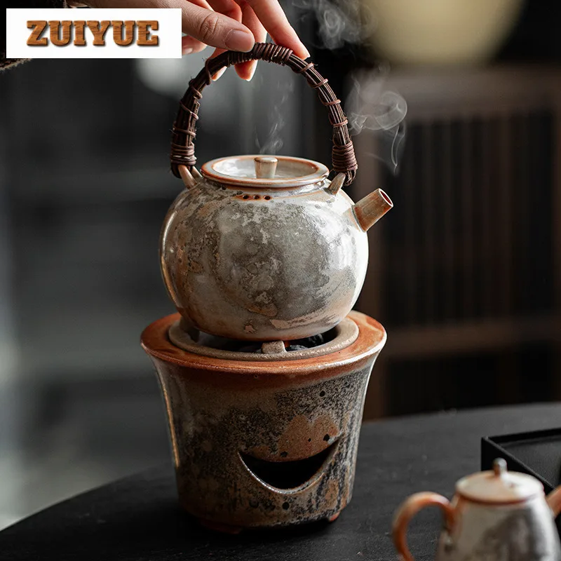 

635ml Wood-fired Porcelain Teapot Kiln Change Ink Rattan Woven Lifting Handle Pot Large Boiling Water Kettle For Carbon Stove