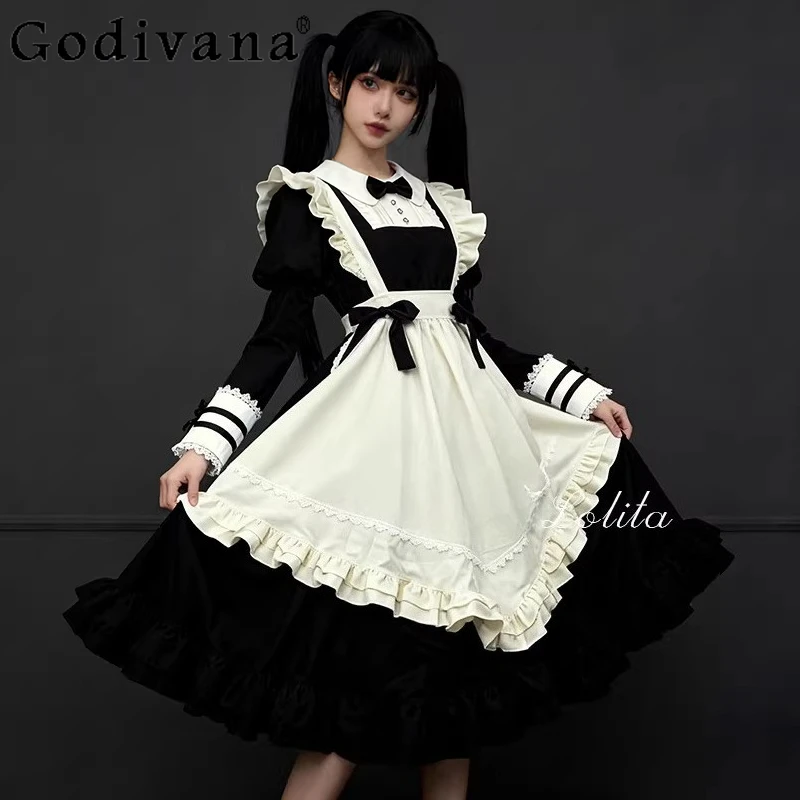

Large Size New Gothic Lolita Women Cos Long Sleeve Dress Fashion Sweet Lace Ruffles High Waist A-line Peter Pan Collar Dresses