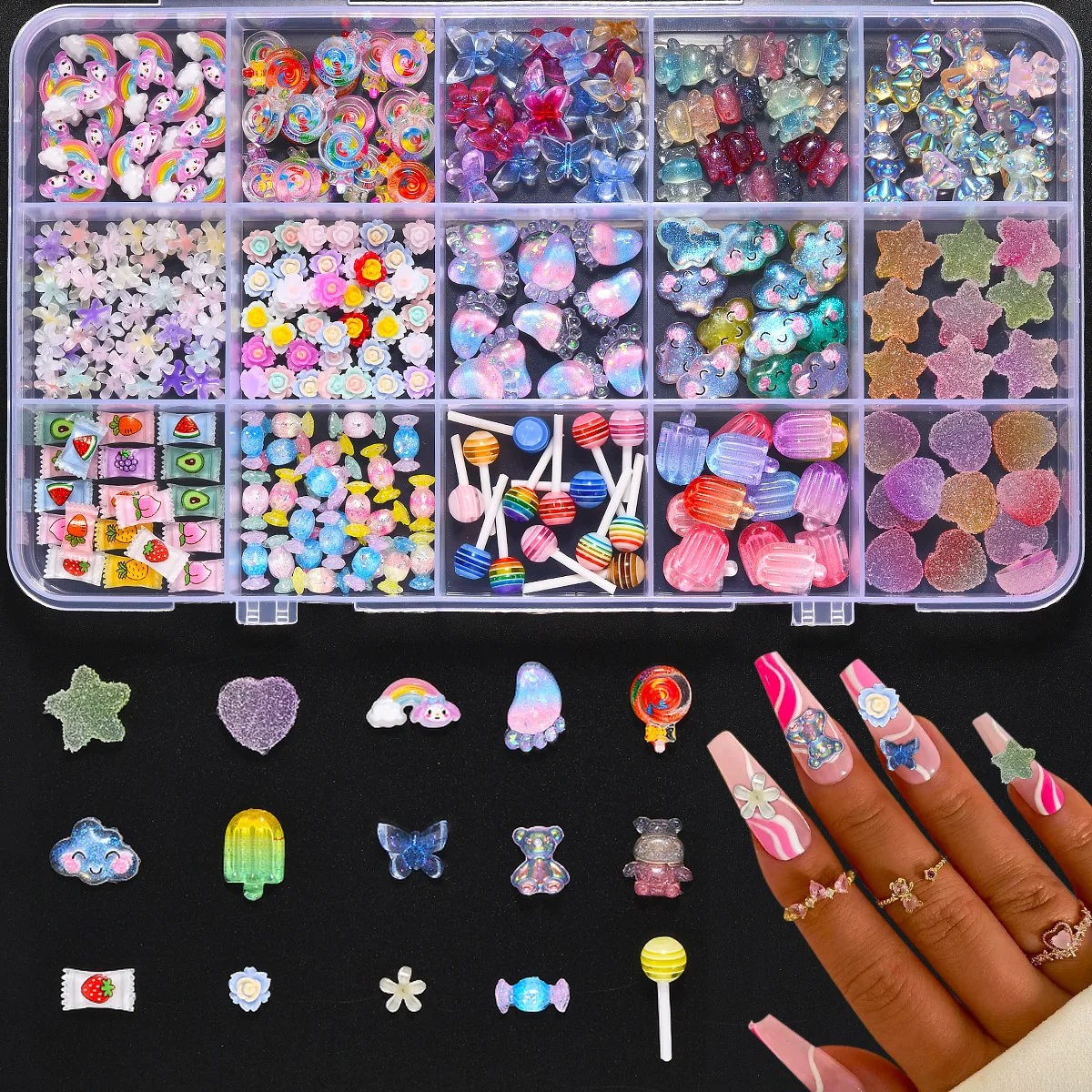 Upgrade Your Manicure: 15/24 Grid Box Cartoon Lollipop Aurora Bear Flower Resin Nail Decorations