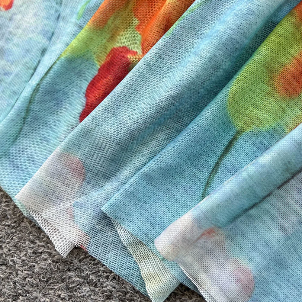 Chic vintage print mesh backless Ruched Elegant dress Fairy korean fashion Boho Sundress women clothing