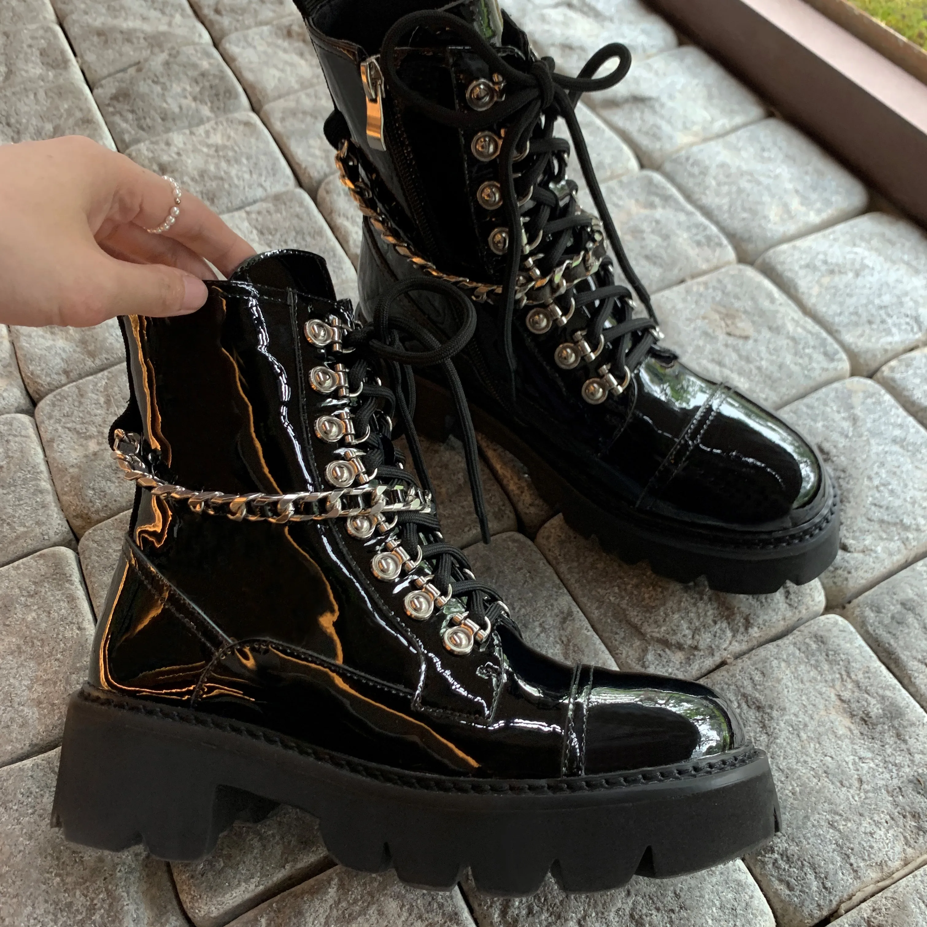 

Punk Metal Chain Rivet Locomotive Boots British Style Lace-Up Thick-Soled Heightening Knight Boots Zipper Casual Women's Boots