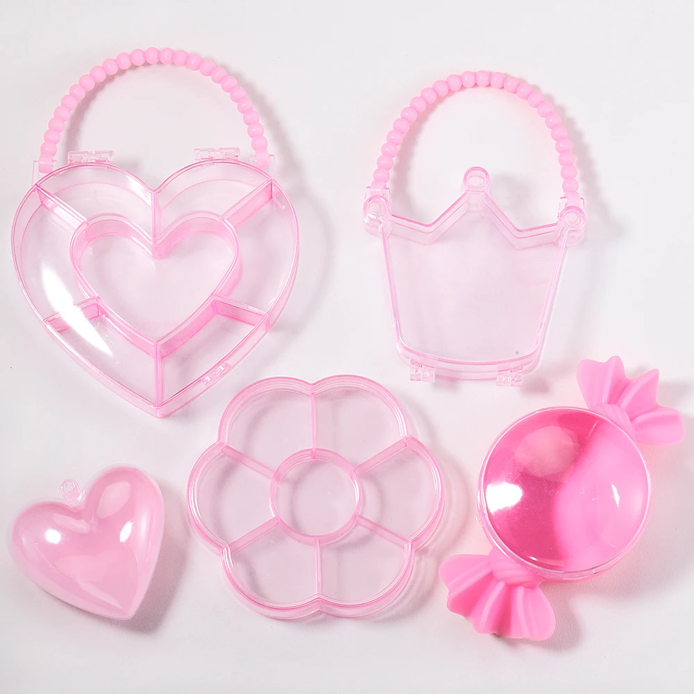 1pc Jewelry Storage Box Pink Heart Transparent Plastic Handle Case For Beads Earring Studs Jewelry Accessories Compartment Box