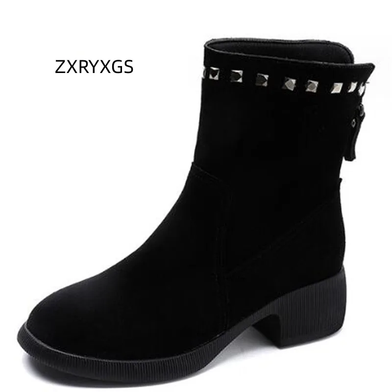 

ZXRYXGS Frosted Cowhide Rivet Winter Snow Boots 2024 New Spring Women Genuine Leather Boots Thick Heels Large Size Roman Boots