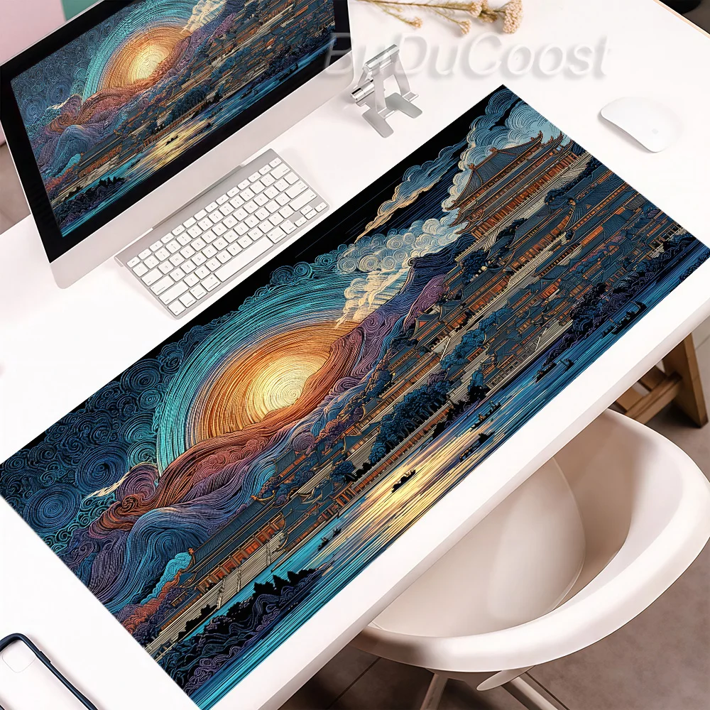 HD Watercolor Chinese Ancient Pavilion Large Mouse Pad Sun Lake Boat Mountain Scenery Art Desk Mat for Home Office Gaming Decor