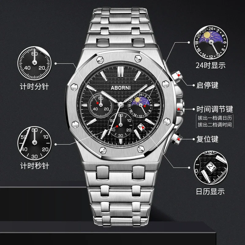 2025 ساعة رجالية جديدة من أفضل العلامات التجارية متعددة الوظائف مرحلة القمر الصلبة الفولاذ المقاوم للصدأ ساعة متعددة الوظائف ساعة رجالي