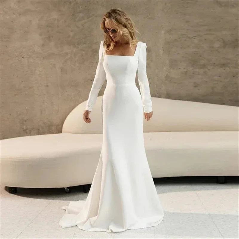 

vinca sunny novias Elegant Satin Mermaid Wedding Dresses 2024 For Women Long Sleeves Square Collar Bridal Gowns Robes Vestidos