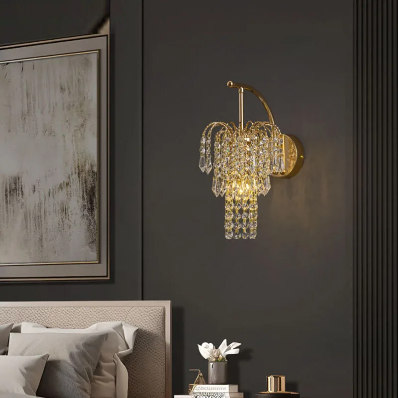 French-Style Light Luxury Crystal Wall Lamp Bedroom Bedside Lamp New Living Room Wall-Mounted  Master Bedroom Decorative Lights
