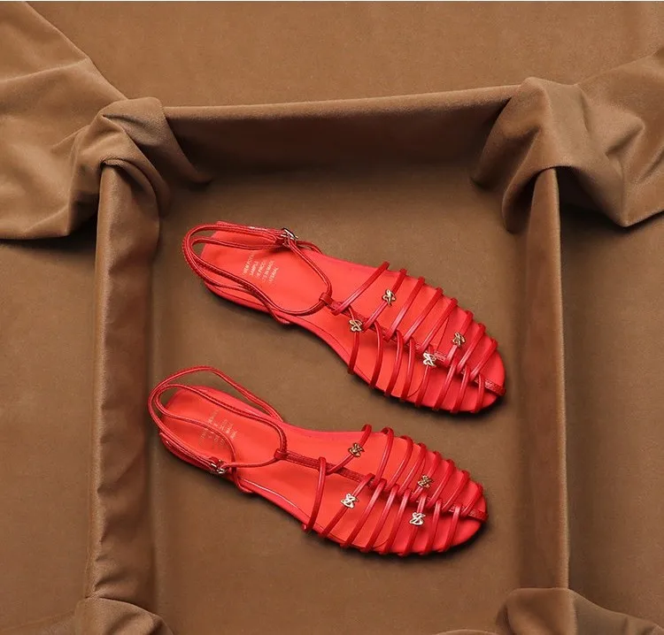 SHOEBOX Summer New Leather Woven Metal Buckle Flat Bottomed Hollow Out Versatile and Comfortable Roman Toe Sandals