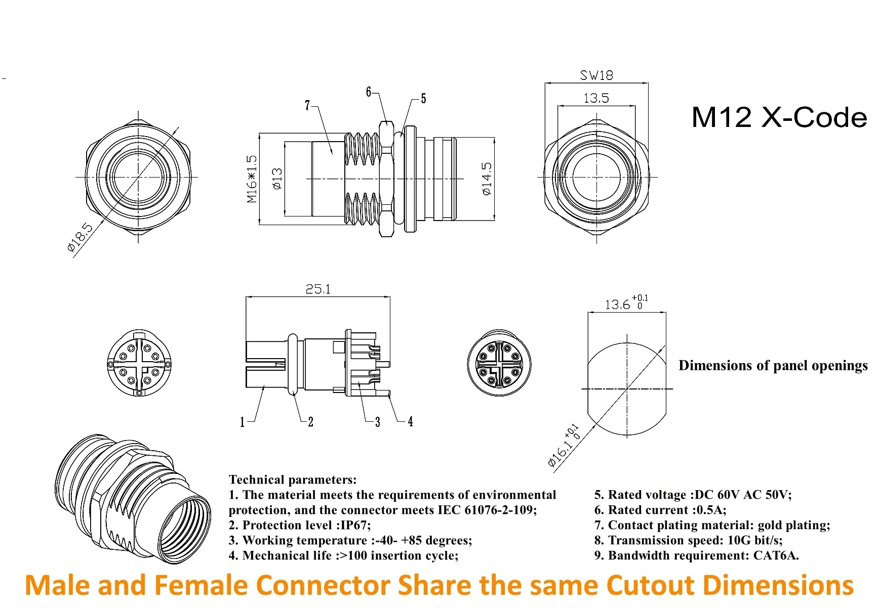 M12 X Code 8-Pin Buchse auf RJ45 Ethernet-Adapter IP67 abgeschirmte Einbaubuchse für Schalttafel, Durchgangssteckverbinder, runder Steckverbinder – Detail 1