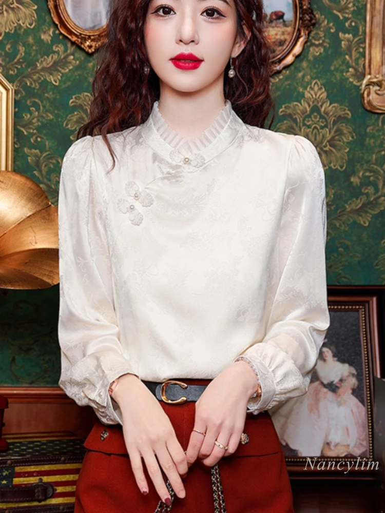 

New Chinese Style Long-sleeved Chiffon Blouses and Tops Women's 2024 New Autumn Top High-end Chic Shirt Satin Blusas