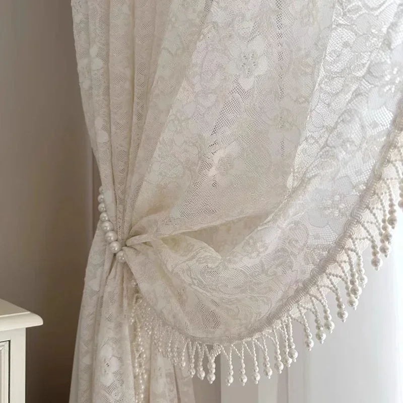 New Cream Lace Embroidered Screen Curtain Pearl Lace Curtains For Living Room Bedroom French Window Balcony Window Customized