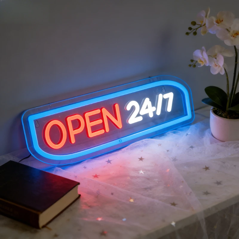 Open 24/7 Neon Sign LED Business Shop Window Decoration USB Reusable Aesthetic Room Wall Poster for Store Cafe Bar Home Desk