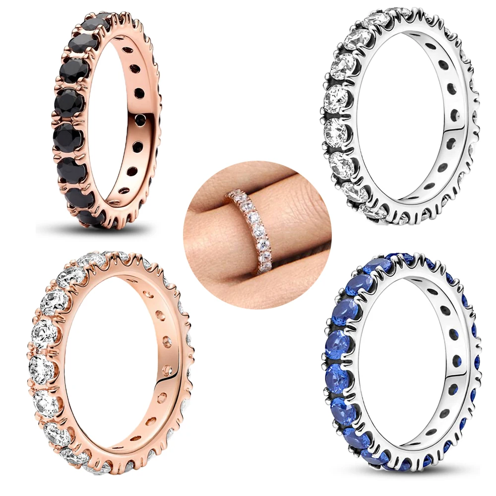 Brilliant And Fashionable 925 Sterling Silver Four-color Rose Gold Blue Eternity Gemstone Ring Niche Couple Jewelry Gift