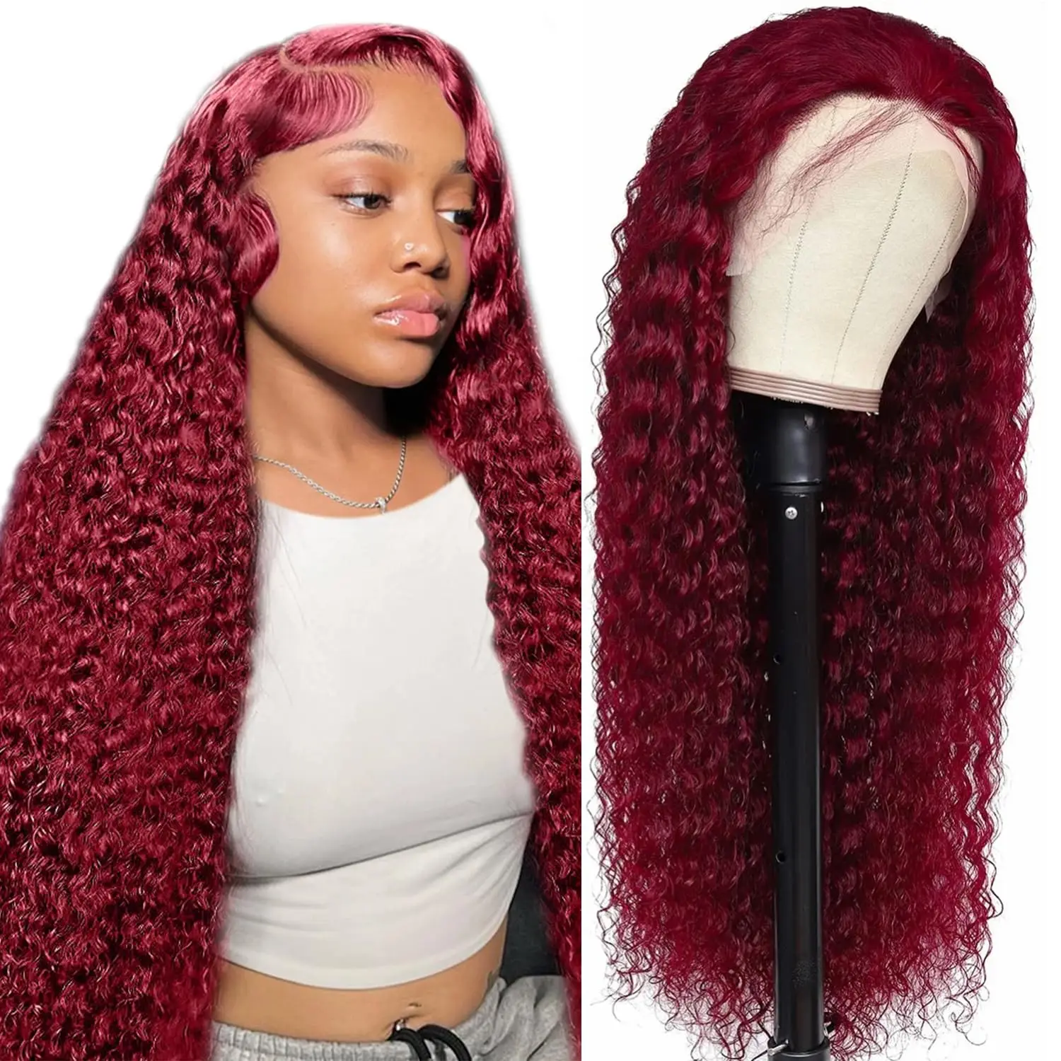 99J Burgandy Curly Lace Frontal Human Hair Wigs 13x6 HD Lace Front Wig Transparent 13x4 Deep Wave Human Hair Wigs