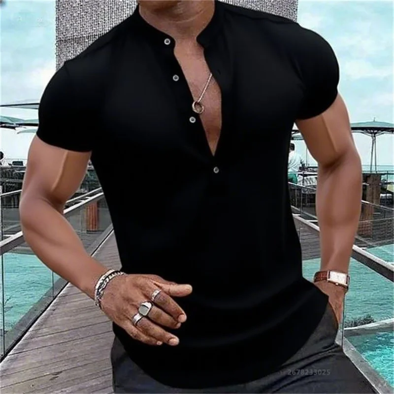 

Men's short-sleeved casual shirt Hawaiian style shirt solid black shirt stand collar design suitable for beach vacation XS-5XL