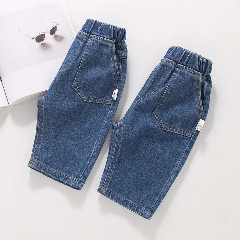 

Baby Boys Calf-length Pants Retro Solid Color Kids Baby Boys Trousers Elastic Waist Comfortable Versatile 1-6Y Boys Denim Pants