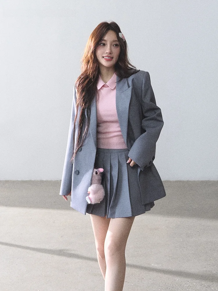 Lulusmiracle Classic Preppy Style  And Skirt Set Office Friendly Checkered Shirt Long Sleeve Midi Length Polyester Fiber