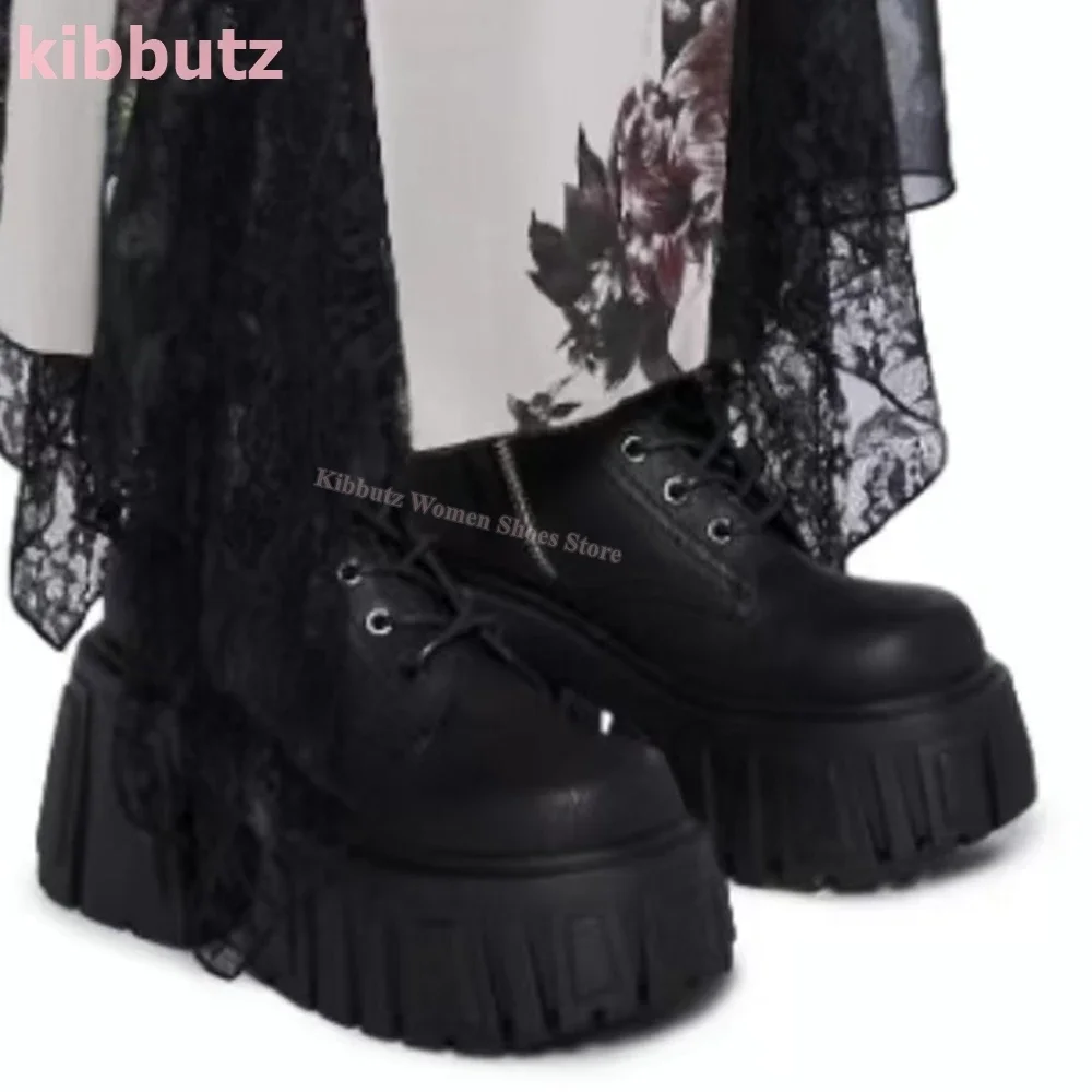 

Rock Punk Motorcycle Boots Mid Calf Round Toe Thick Bottom Genuine Leather Solid Color Fashion Elegant Sexy Women Shoes Newest