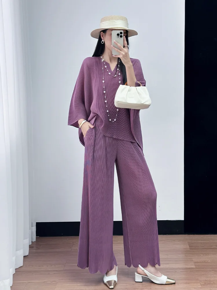 Cor sólida plissado superior calças de cintura elástica irregular conjunto de duas peças premium sentido miyake 2025 verão moda feminina terno