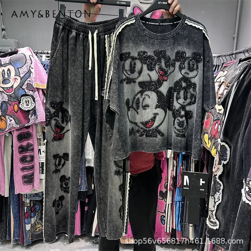 

European Style Sequin Washed Cartoon Short-sleeves T-shirt Top + Elastic Waist Wide-leg Pants Two-piece Set Y2k Kawaii Clothes