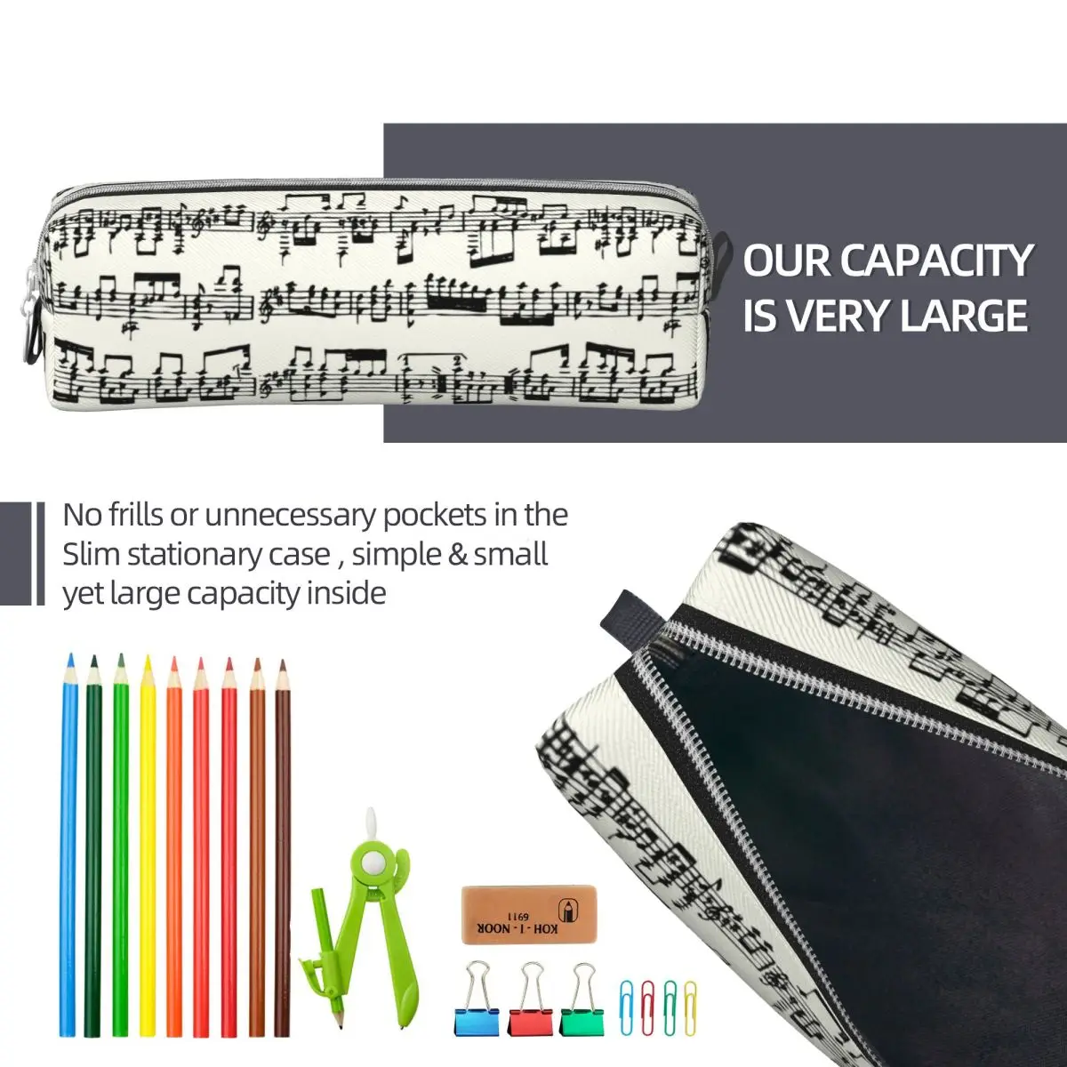 Sheet Music On Ivory Pencil Case Lovely Musical Notes Pen Box Bags for Student Large Storage Students School Gifts Pencil Box