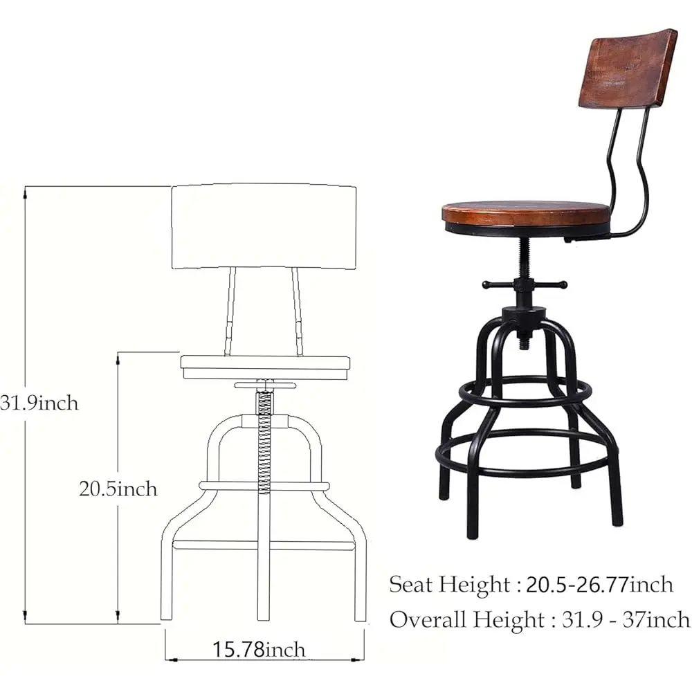 Industrial Vintage Counter Stool, Kitchen Counter Height Adjustable Swivel Chair, Metal Frame Stool, With Wood Backrest,