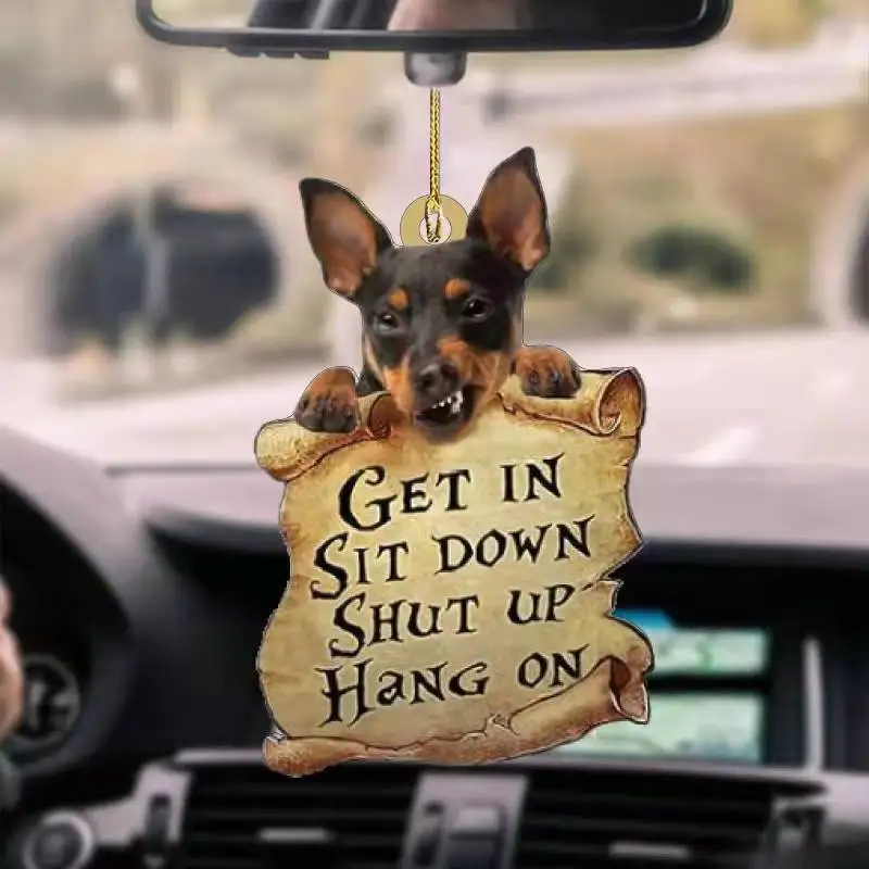 Cute Dog Lover Get in Sit Down Shut Up on Car Hanging Ornament Cartoon Pendant Bag Keychain for Rear View Mirror Decoration