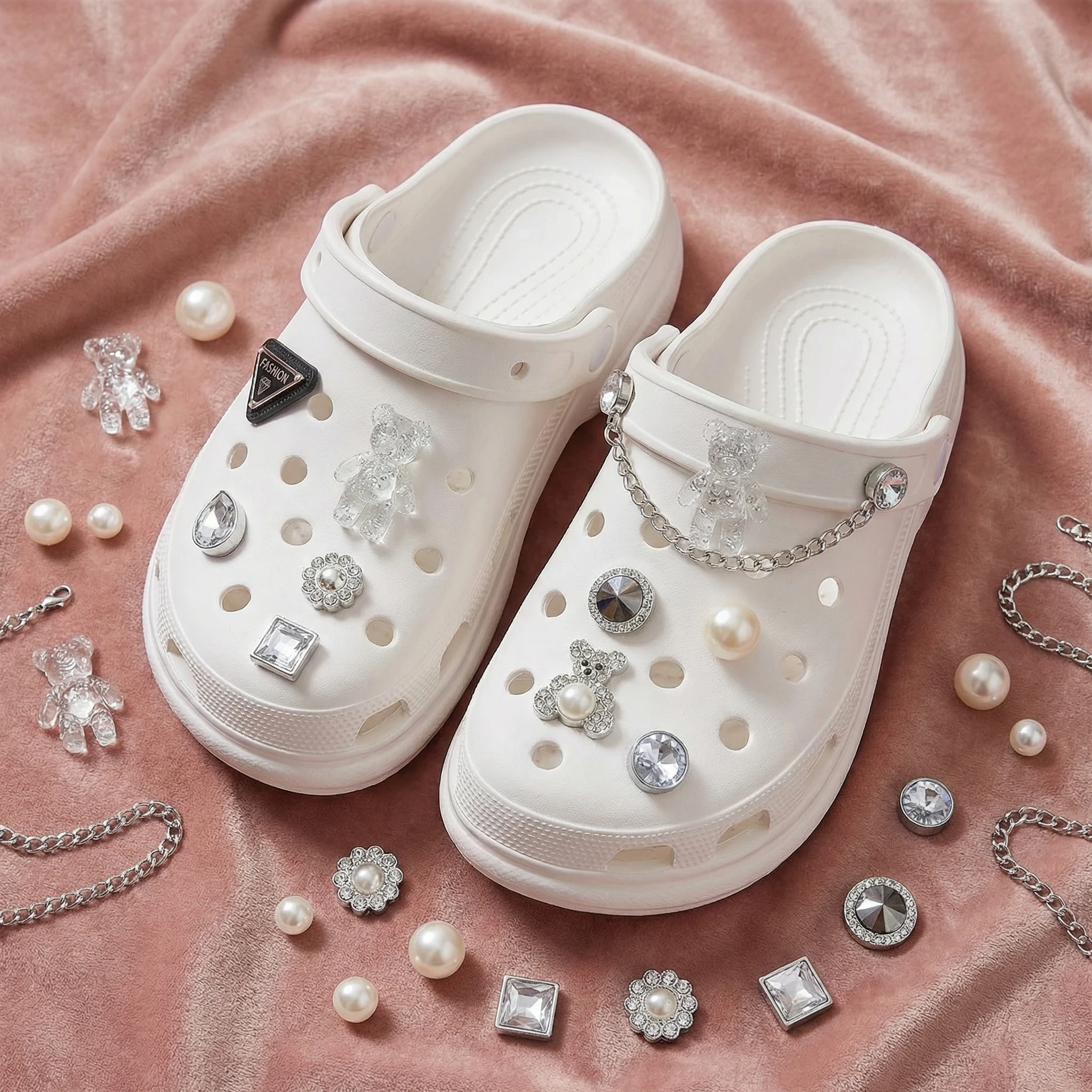 Set de Lujo de Dijes de Metal con Diamantes de Imitación y Perlas para Zapatos, con Cadena, Estilo Y2K, Decoraciones Estéticas para Zuecos